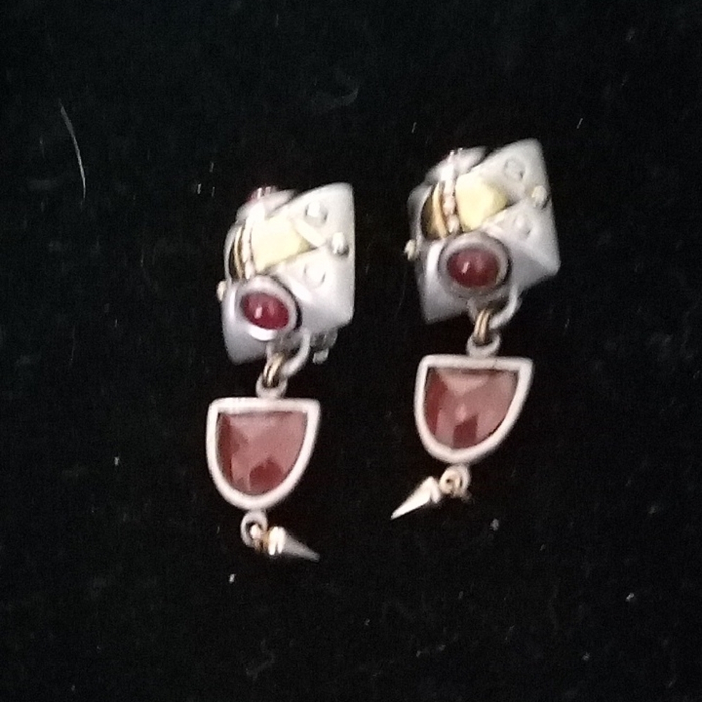 Vintage Fahrenheit Silver and Deep Red Dangle Clip On Earrings